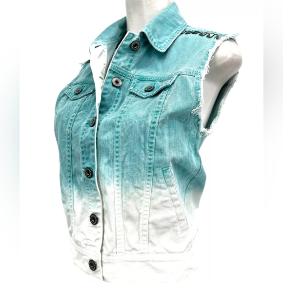 Bullhead Women’s Regular Fit Denim Vest Button Front Aqua White Size Large - Picture 4 of 11